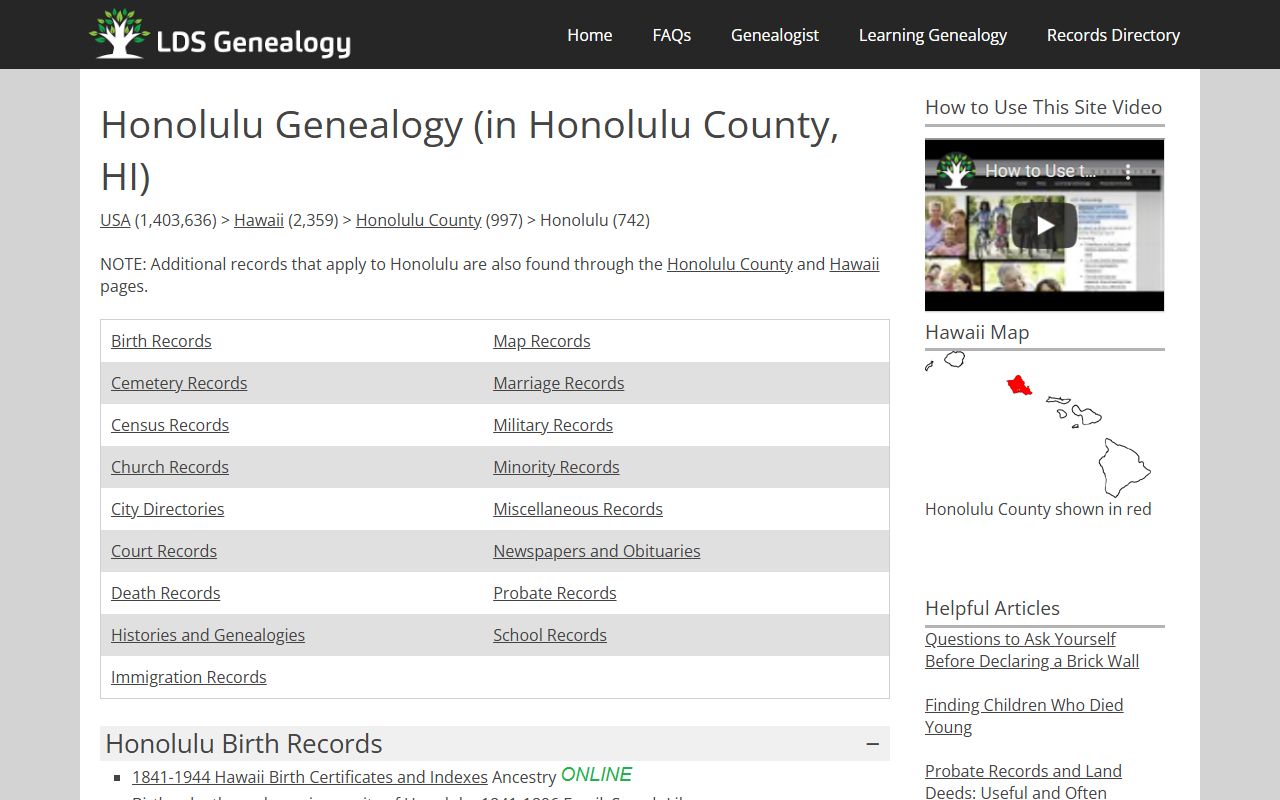 Hawaii State Archives genealogy collections covering Honolulu County birth death marriage and probate records
