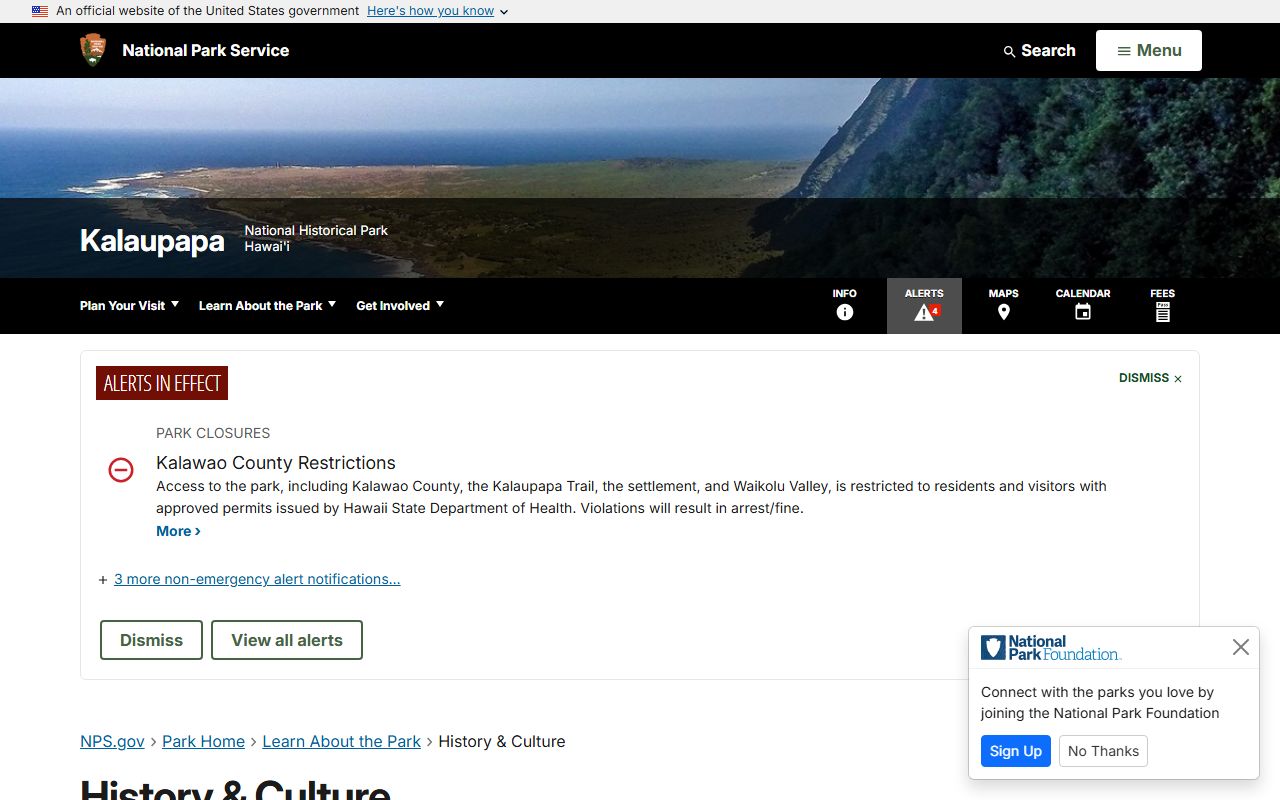 Kalaupapa history and culture pages at NPS for Kalawao County genealogy research