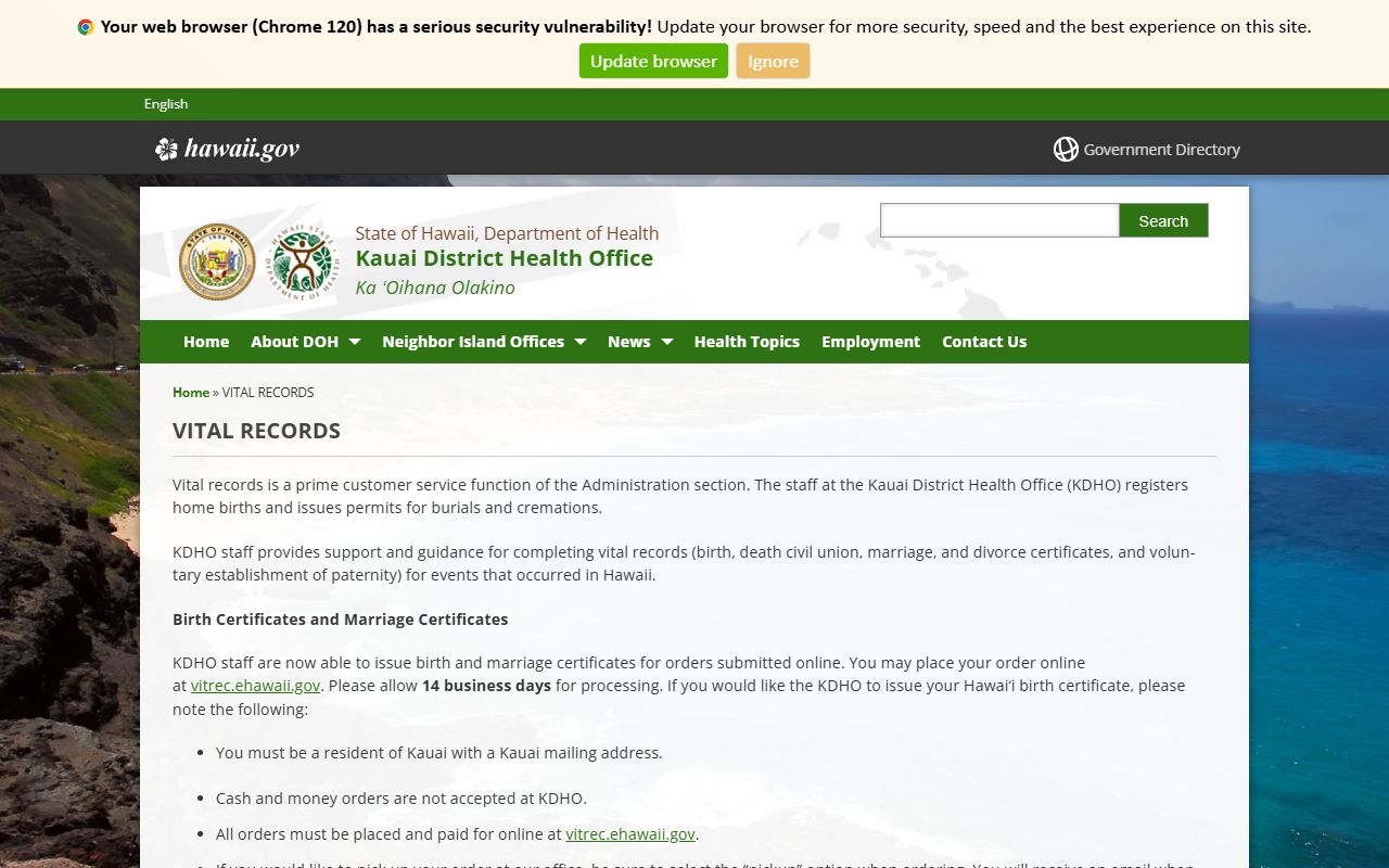 Kauai District Health Office vital records portal