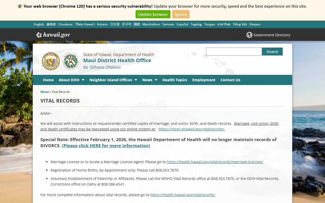 Maui District Health Office vital records
