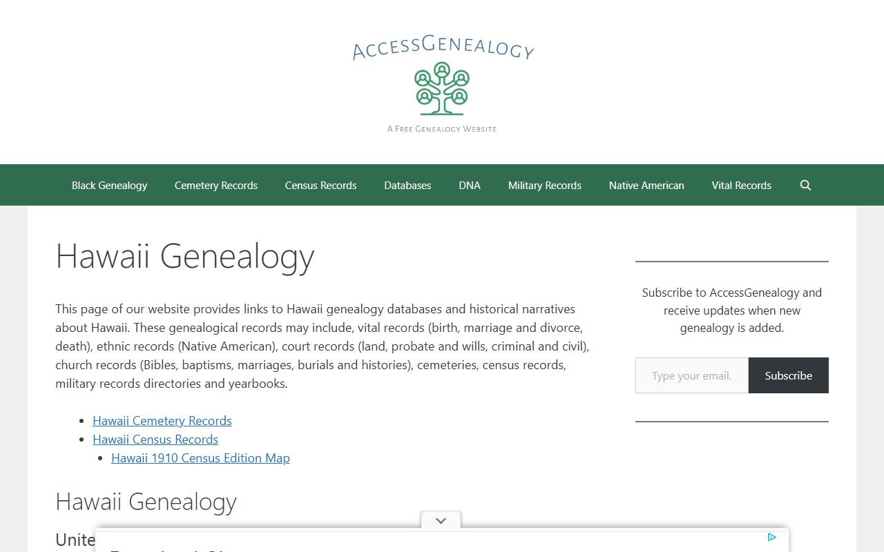 Access Genealogy Hawaii free records directory for family history