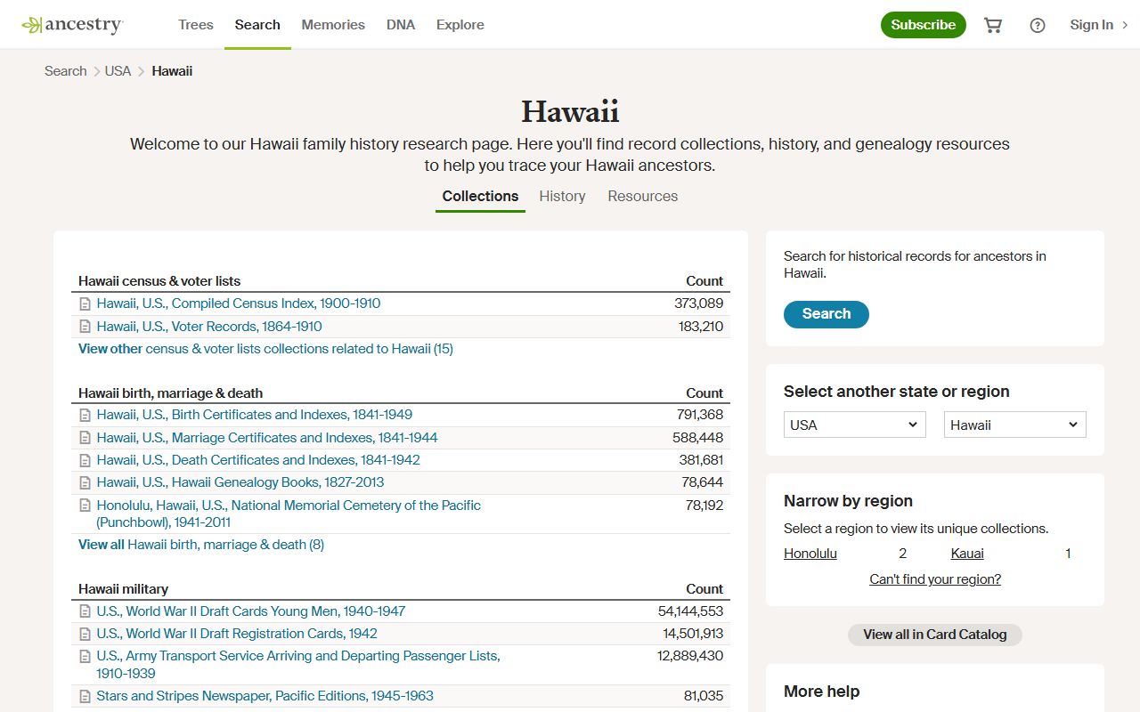Ancestry Hawaii genealogy records collection online database
