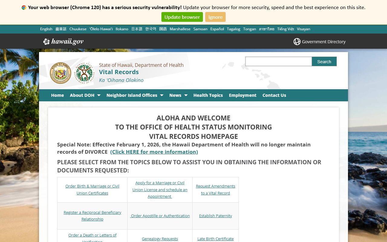 Hawaii DOH vital records homepage for genealogy searches