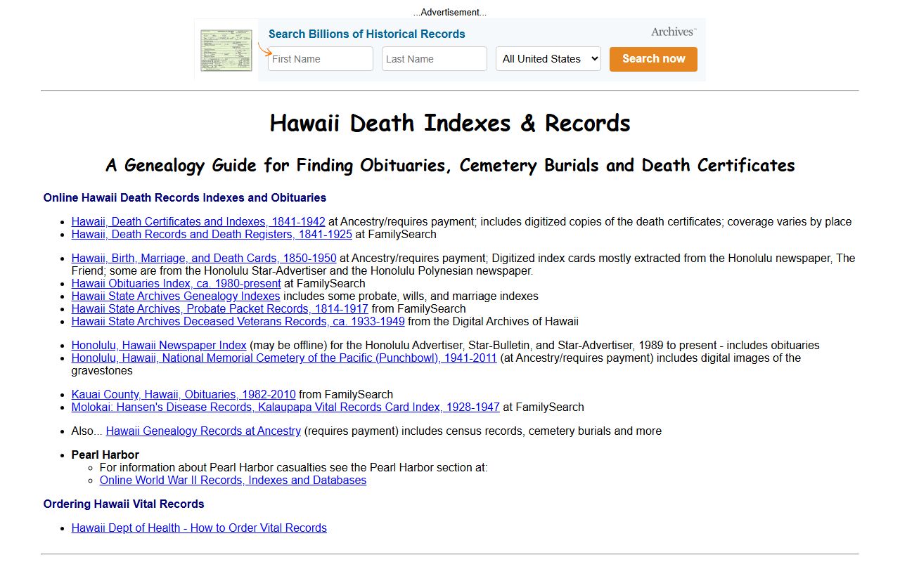 Hawaii death and burial indexes for genealogy family history research