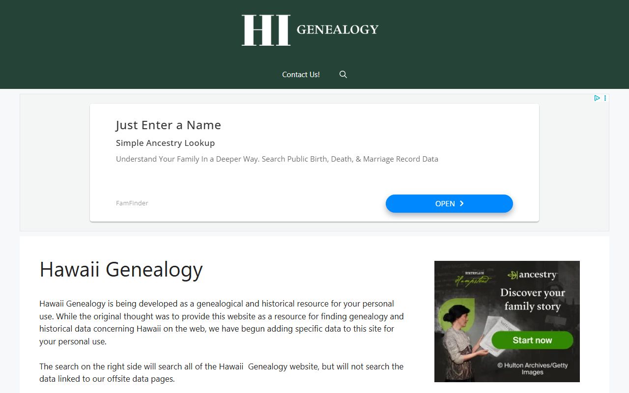Hawaii Genealogy website resources organized by county