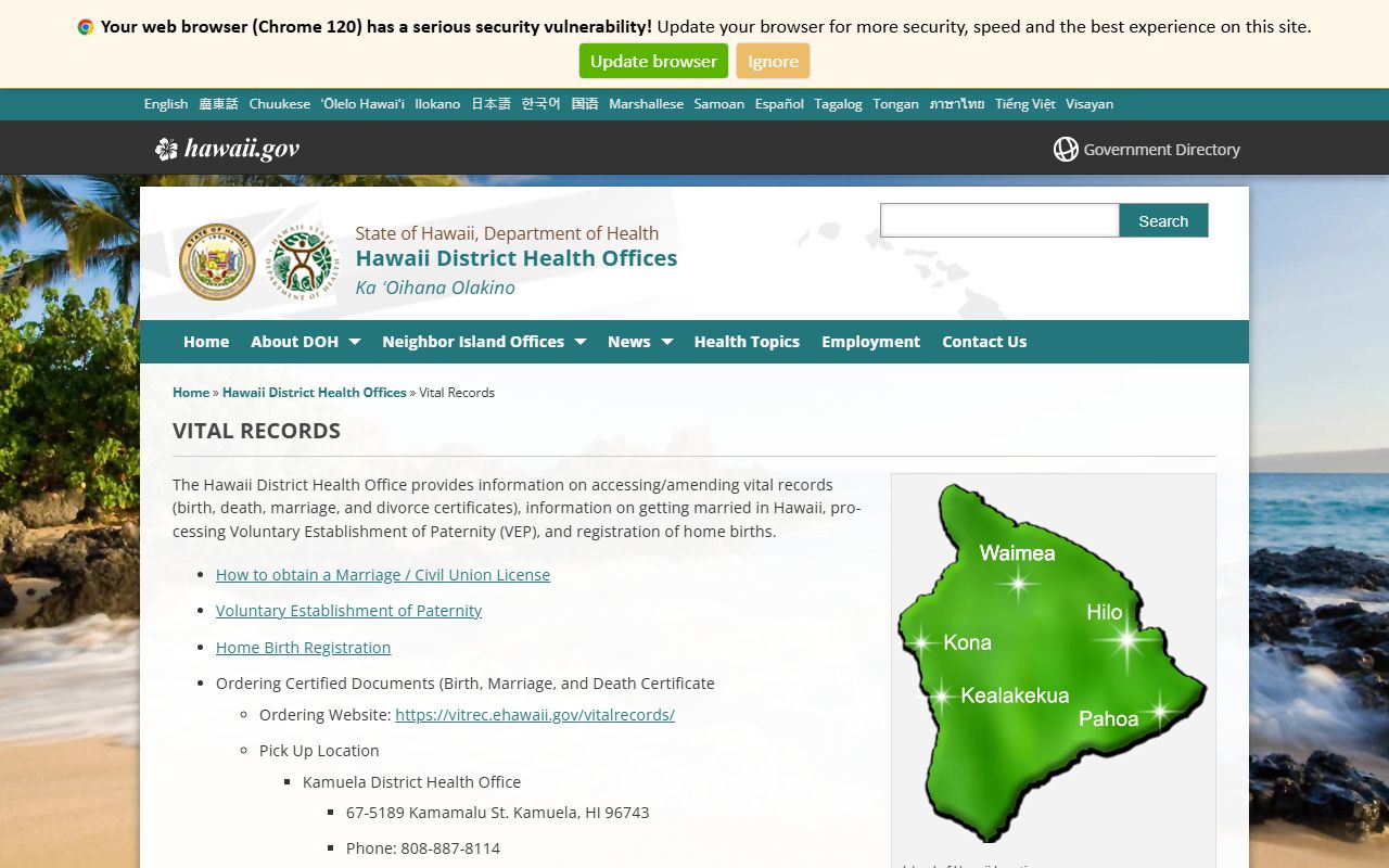 Hawaii Island District Health Office vital statistics for genealogy