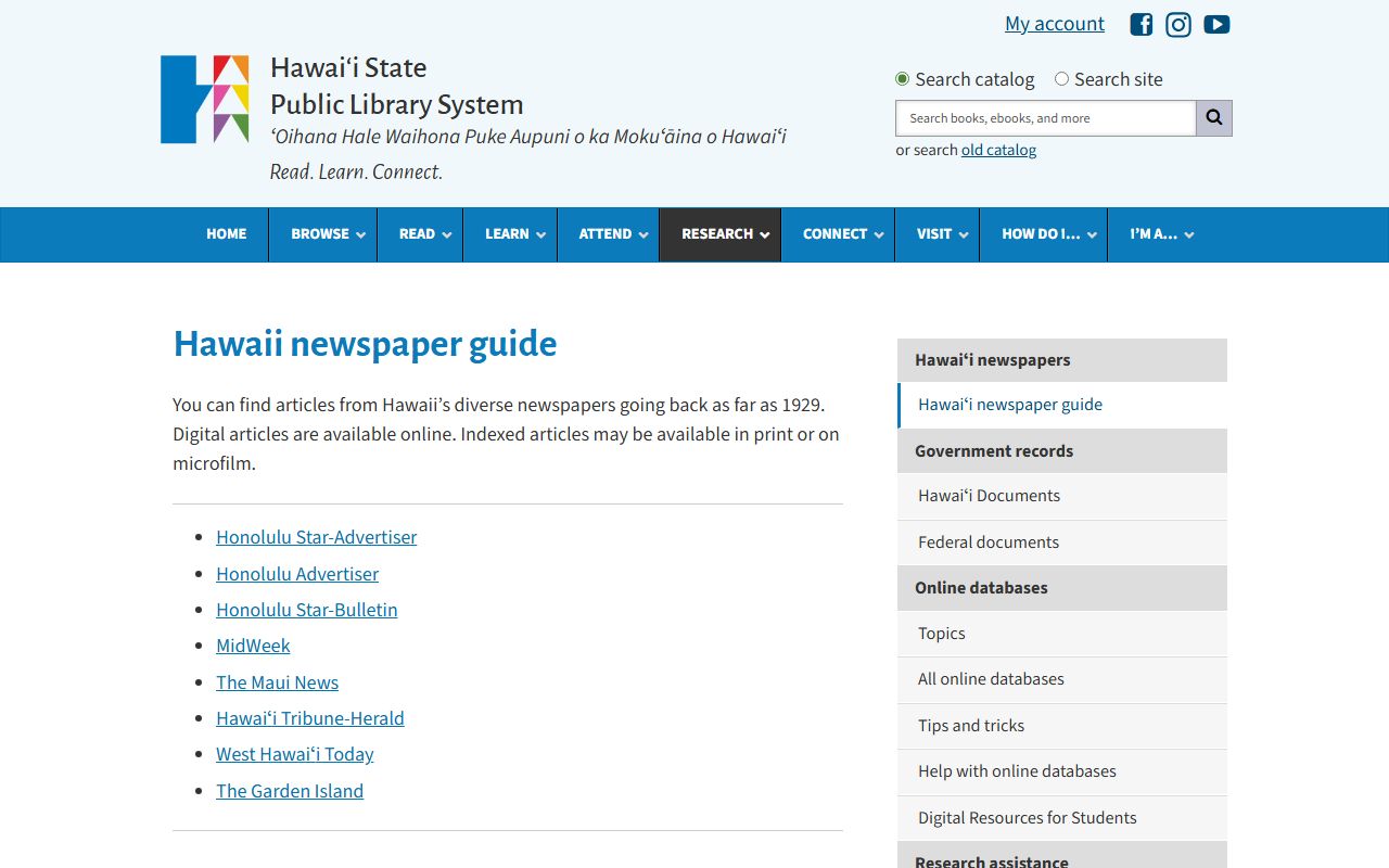 Hawaii State Library newspaper guide genealogy obituary research
