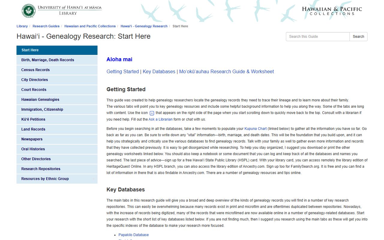 University of Hawaii genealogy research guide library collections